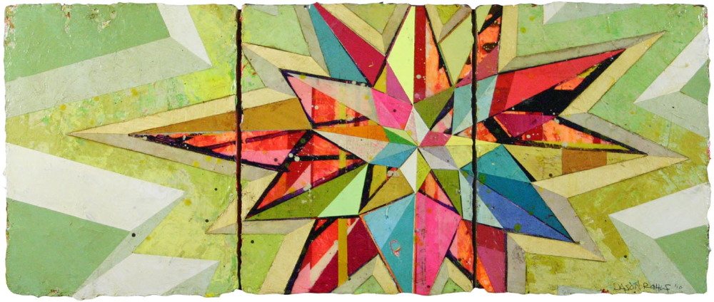 Jason Rohlf, “Beacon”, Acrylic and Collage on Panel, 14 x 34"