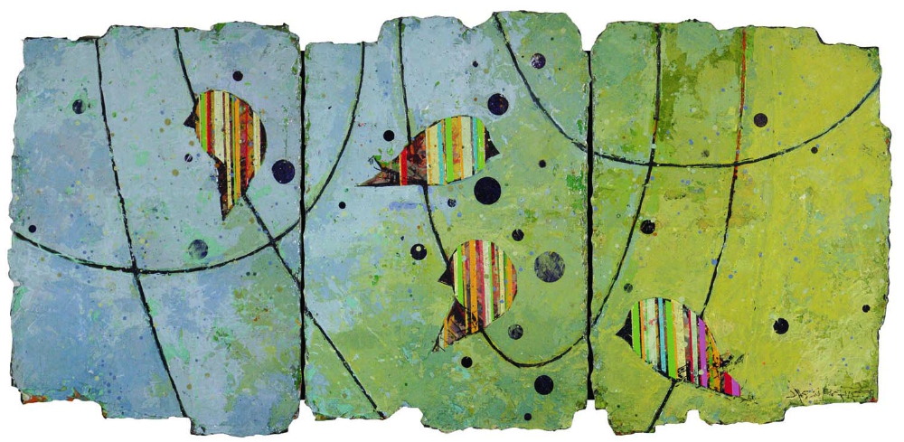 Jason Rohlf, “Conveyed”, Acrylic and Collage on Panel, 14×34"