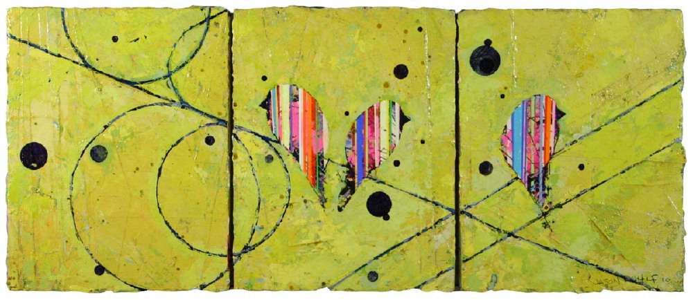  Jason Rohlf, “Diverging”, Acrylic and Collage on Panel, 14 x 34"