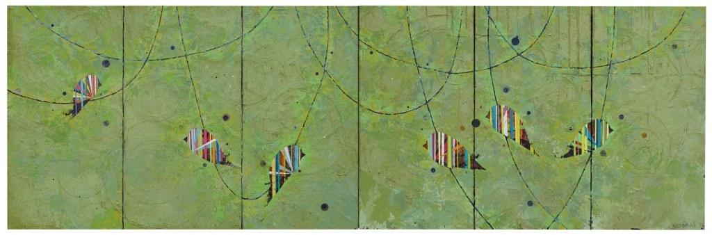 Jason Rohlf, “Shared”, Acrylic and Collage on Six Linen Panels, 36 x 110"