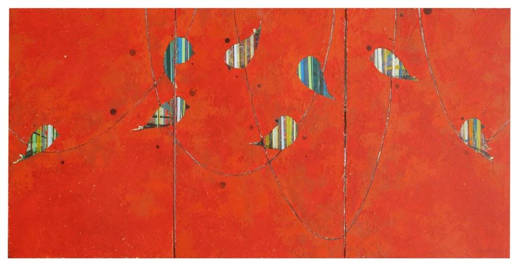 Jason Rohlf, “Spectators”, Acrylic Tn three Canvas Panels, 36 x 72"