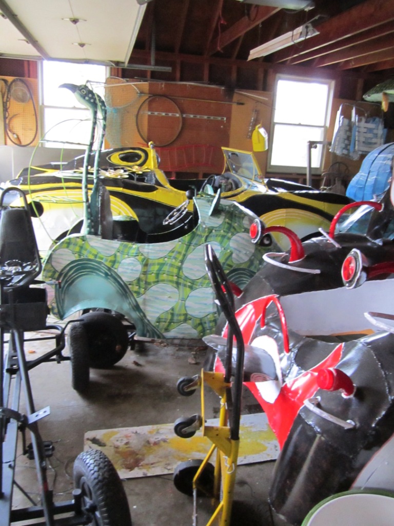  Some of the pedal powered sculptures in Bill Reid ‘s garage.