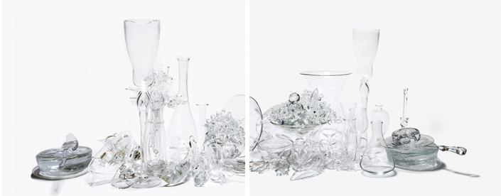STILL LIFE WITH LARGE GOBLET, FLOWERS, BIRDS, FRUIT AND CHEESE (diptych), Photograph C-print Mounted to Plexiglass, 28 x 68", Edition 1/3