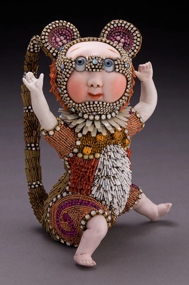 WALTER , vintage porcelain & glass, natural coral, mother of pearl, 8 1/2 x 5 1/2 x 5inches