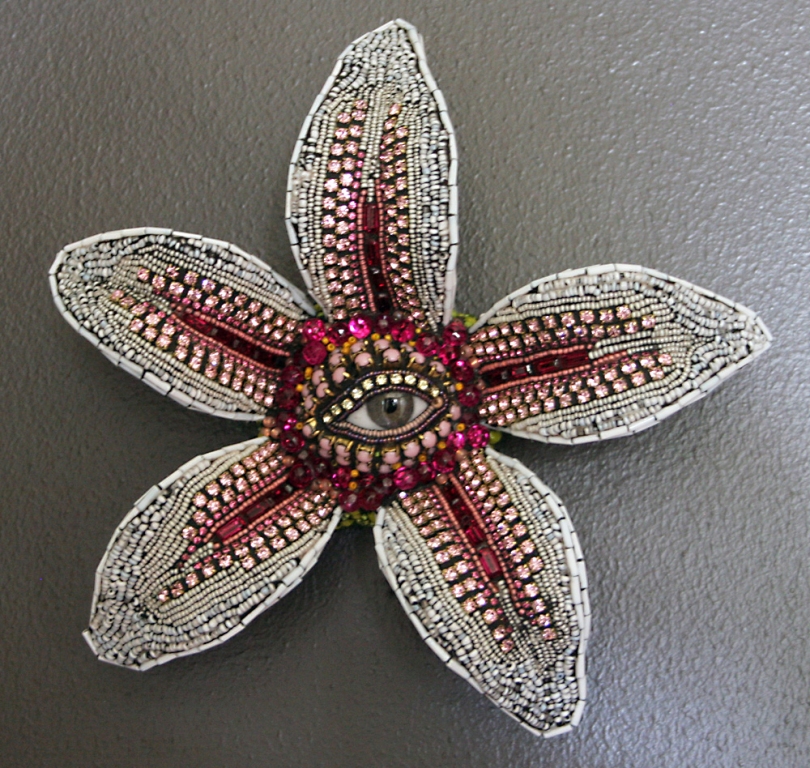 EYE LILY, vintage glass, natural coral, mother of pearl, 7 1/2 x 8 1/2 x 2 inches