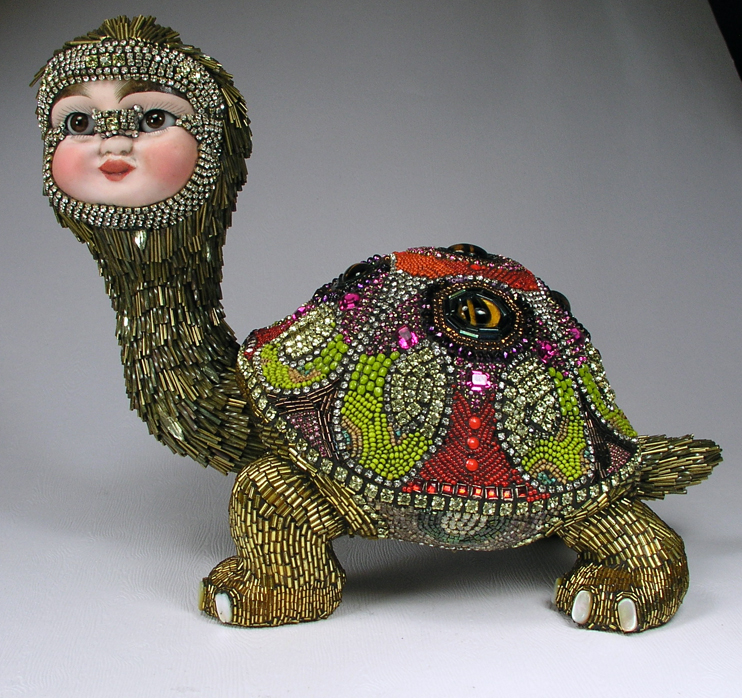 G EORGE , vintage porcelain & glass , seed beads, brass tube beads, 11 x 8 x 6 inches