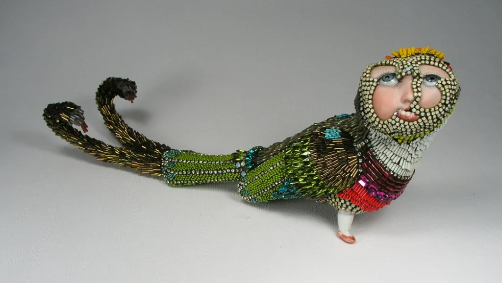 MADDY, vintage porcelain & glass , seed beads, hand cut turquoise beads, 12 1/2 x 5 x 3 1/2 inches
