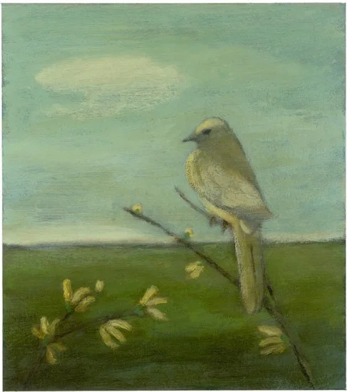 BIRD IN A LANDSCAPE WITH HONEYSUCKLE, Acrylic on Paper mounted on Panel, image 9 x 8", framed 11 1/4 x 10 1/4”
