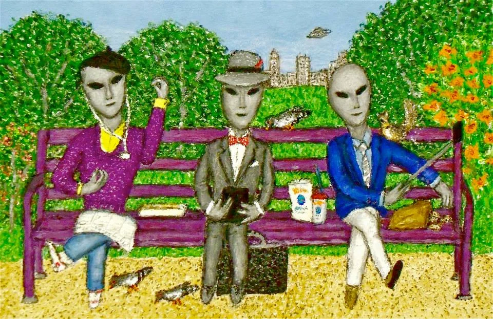 Stephen Warde Anderson, Clueless Gray Aliens on a Park Bench, 2015, acrylic on illustration board, 8 x 12 inches.