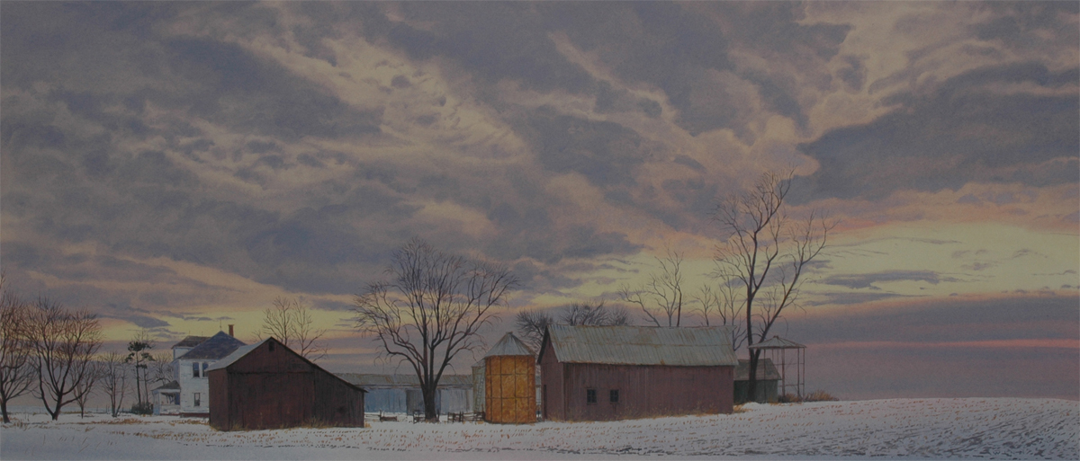 James Winn, LATE FEBRUARY, Acrylic on Paper, image 11 x 26" framed 22 x 36 1/4"