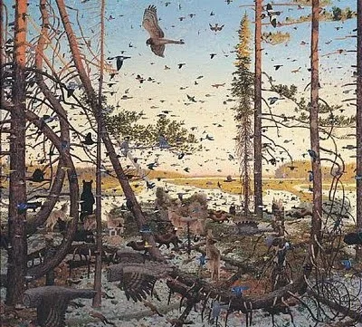 Tom Uttech, Nind Awatchige, 2003, oil on canvas, 112 1/2 x 122 1/2 x 2 1/2 in., New Orleans Museum of Art: Museum Purchase, the James and Maya Brace Fund, 2004.29, © Tom Uttech. Image courtesy New Orleans Museum of Art