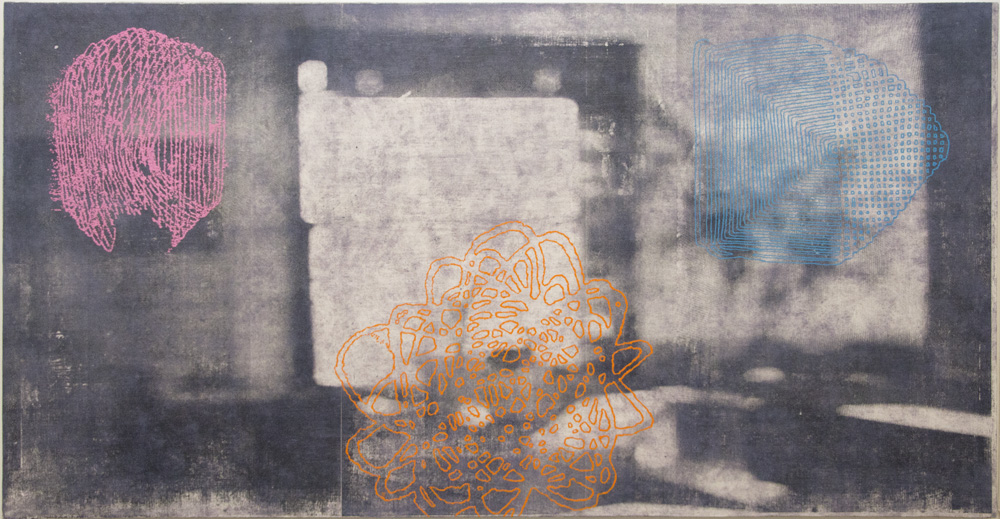 Derrick Buisch, STUDIO NOTATIONS (UPSTAIRS ROOM), Silkscreen and Oil Paint on Canvas,39 1/2 x 76 1/2"