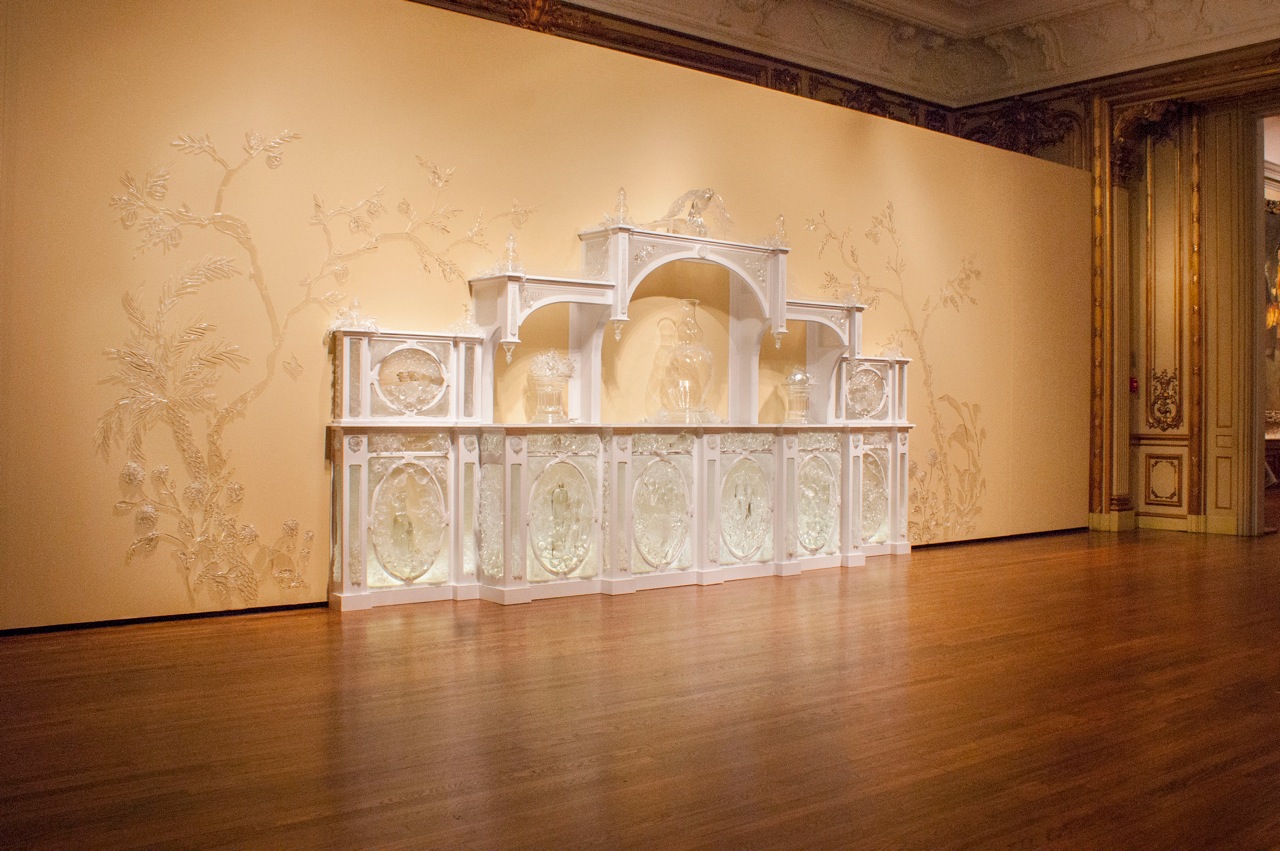 Beth Lipman, Sideboard with Blue China, 2013, 111" x 300" x 22", glass, wood, paint, adhesive, light