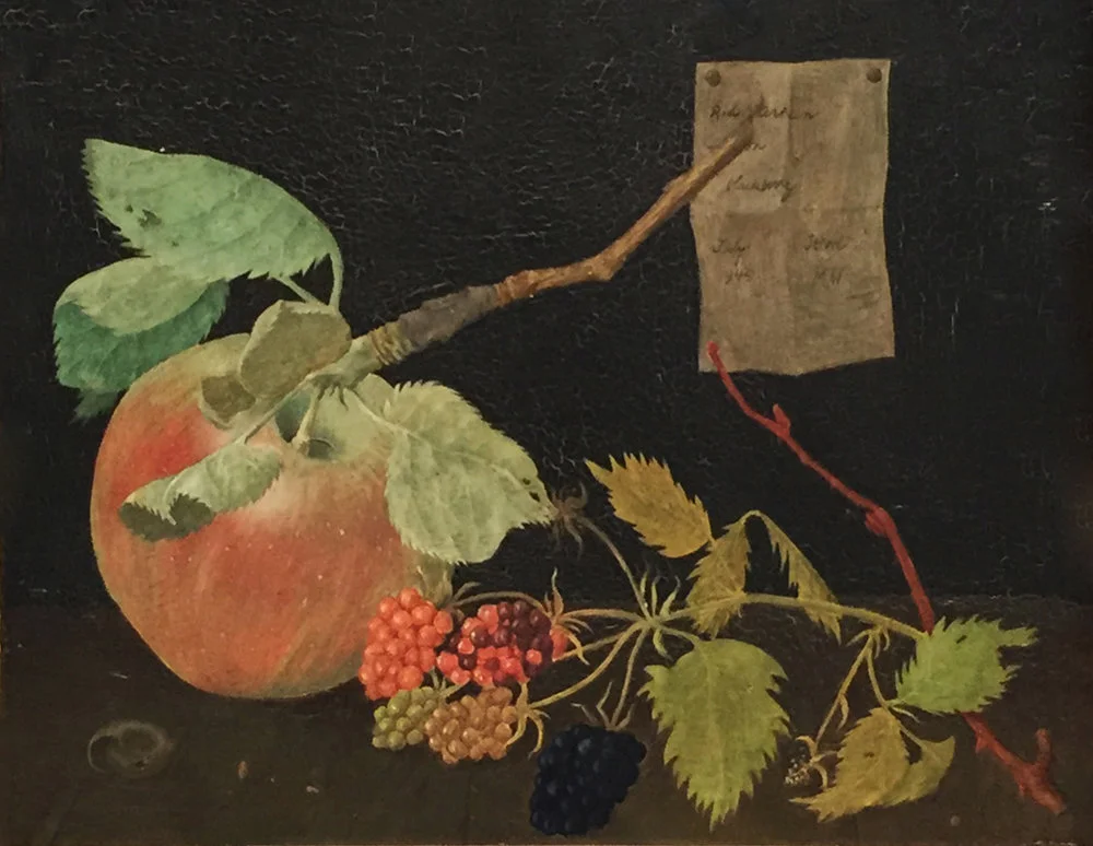 UNTITLED (APPLE WITH BERRIES ON BLACK), 1949, Oil on Panel, 5 x 6 1/2" framed 12 1/4 x 13"