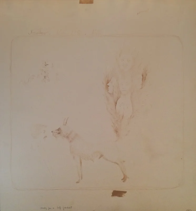 STUDY FOR A SELF-PORTRAIT, 1950, Walnut Ink on Paper, 14 1/2 x 13 1/4”