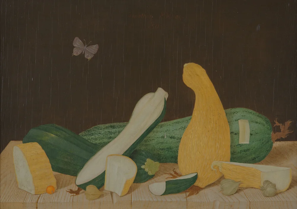 STILL LIFE WITH SUMMER SQUASH, 1950, Oil on Panel, 10 7/8 x 15 7/8"