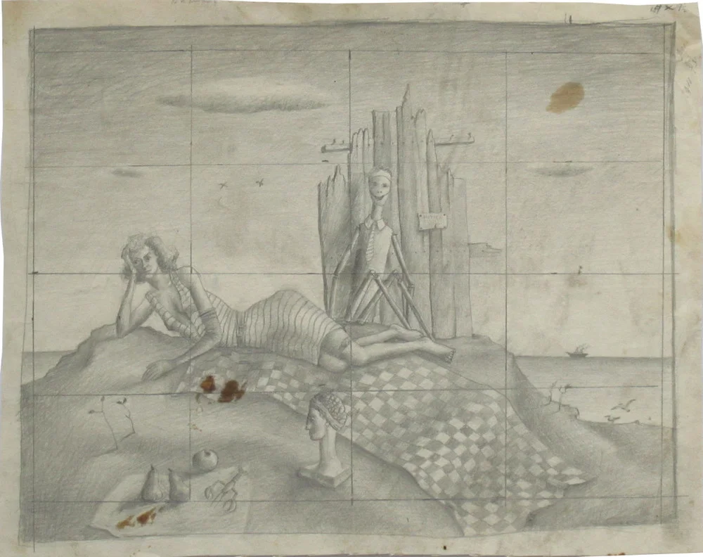 John Wilde, UNTITLED (DESIGN FOR RECLINING WOMAN WITH SKELETON), c. 1940, Pencil on Paper Mounted on Paper, 12 1/2 x 15 1/2"