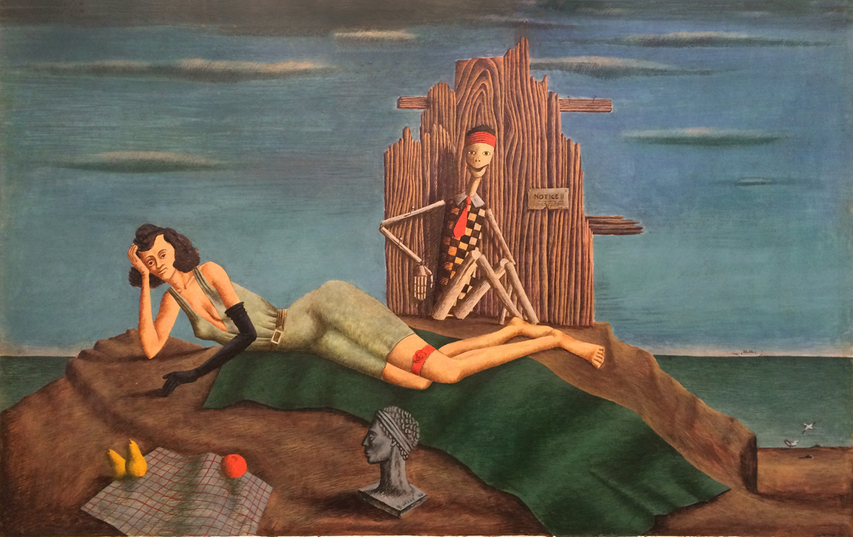 John Wilde, UNTITLED (RECLINING WOMAN WITH SKELETON), c. 1940, Pencil on Paper Mounted on Paper, 22 3/4 x 35 1/2"