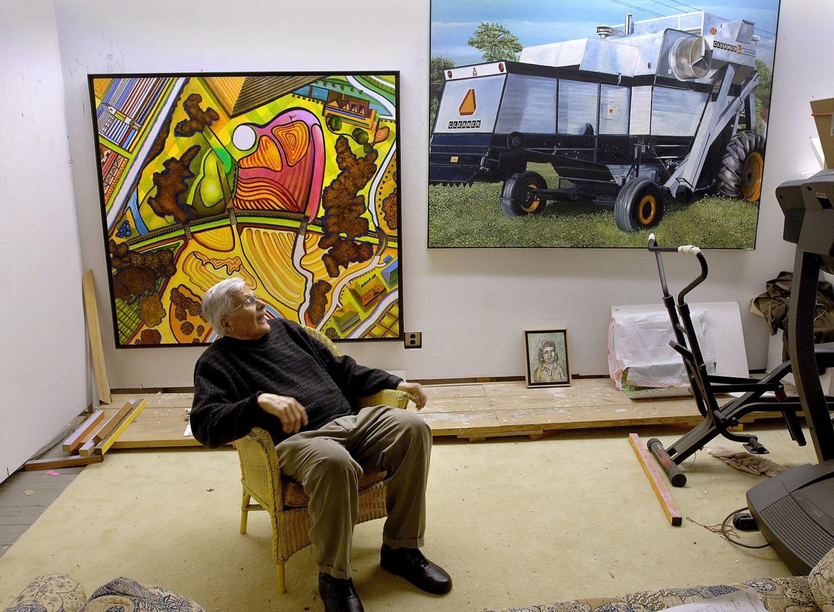  Harold Gregor takes in two works that represent bookends in his career. The aerial view of an idealized golf course was finished in November of 2015 while the massive weight of an Allis Chalmers combine was painted early in his career, around 1973. 