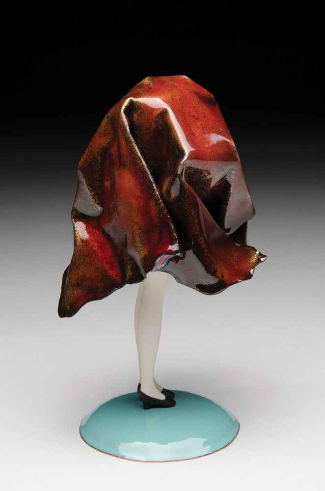 Red Drape, 2018, enamel, copper, vitreous china, stainless steel, sterling silver, milk paint, 8 x 4 x 4 in.