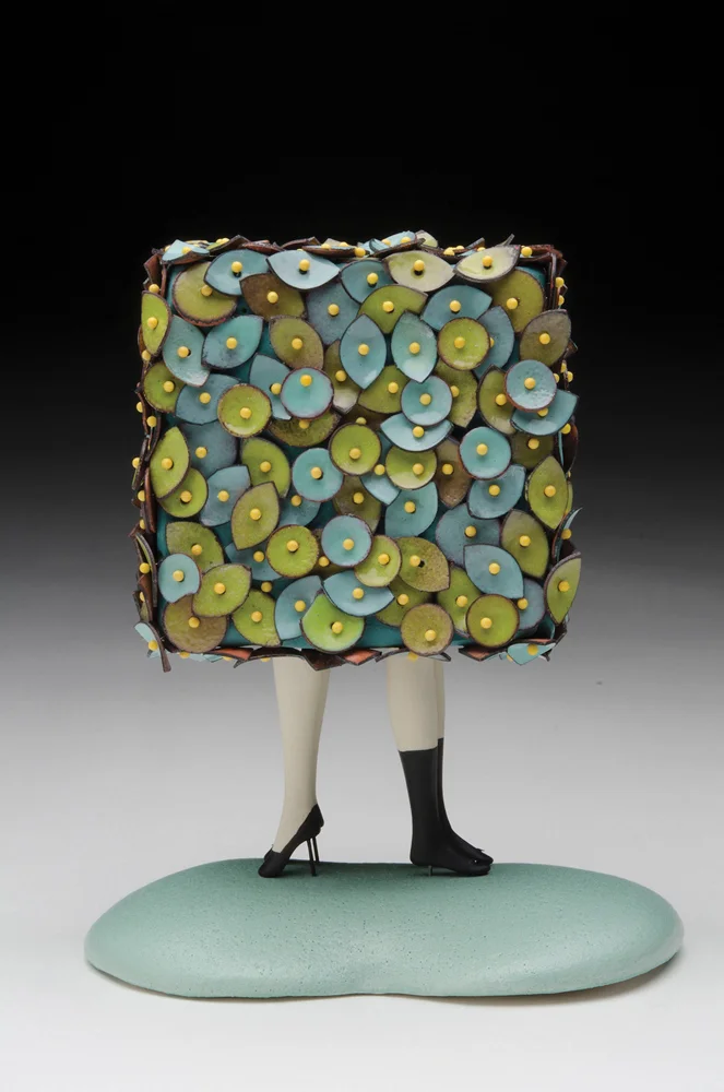 Square, 2017, enamel, copper, porcelain, sterling silver, head pins, milk paint, 8 x 6 x 4 in.