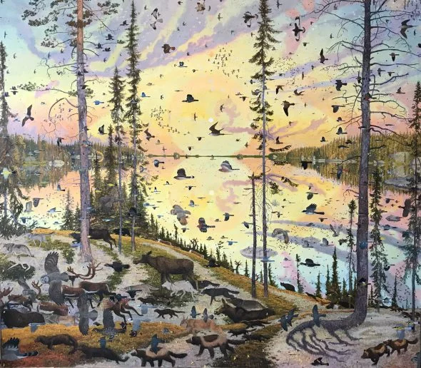 “NIN GASSINSIBINGWE,” (2019, oil on linen, 91”h x 103” w) by Tom Uttech. Photo courtesy of MOWA.