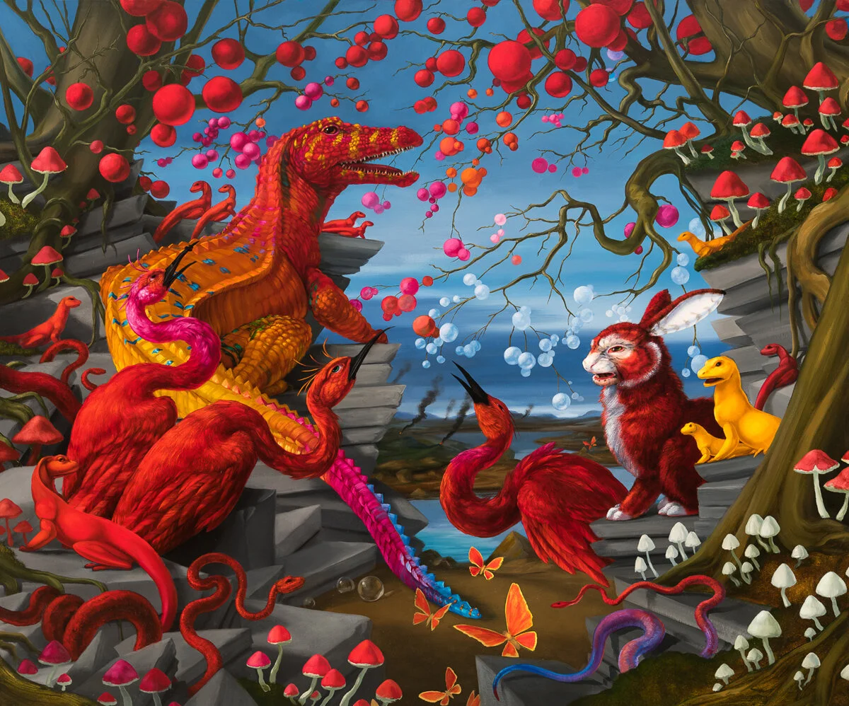 Laurie Hogin, Habitat Diorama with Froot Trees, Oil on Linen, 27 x 32”