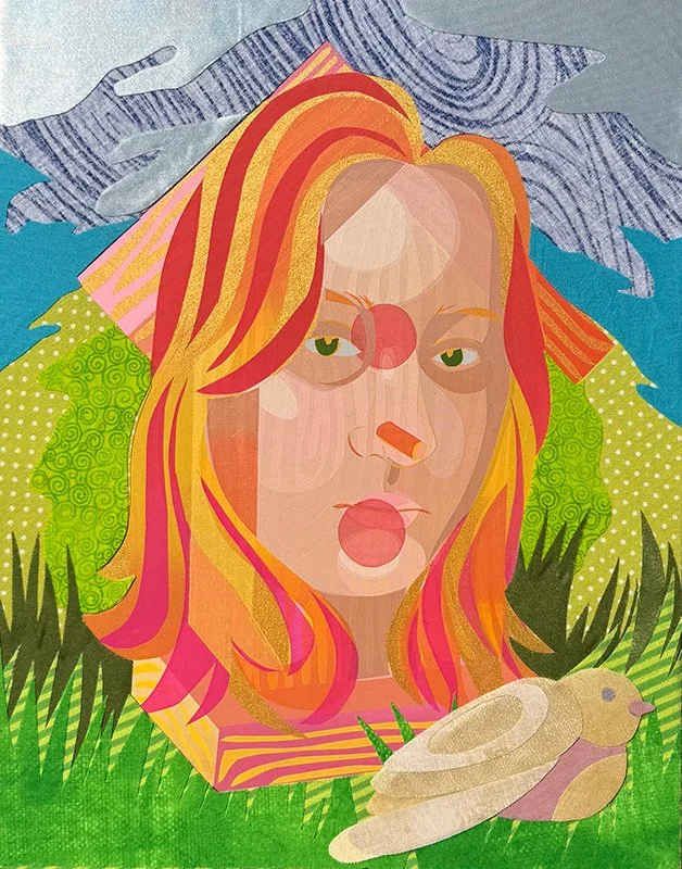 SUMMER SOLITUDE, Screen Printed Fabric Collage on Panel, 11 x 14"