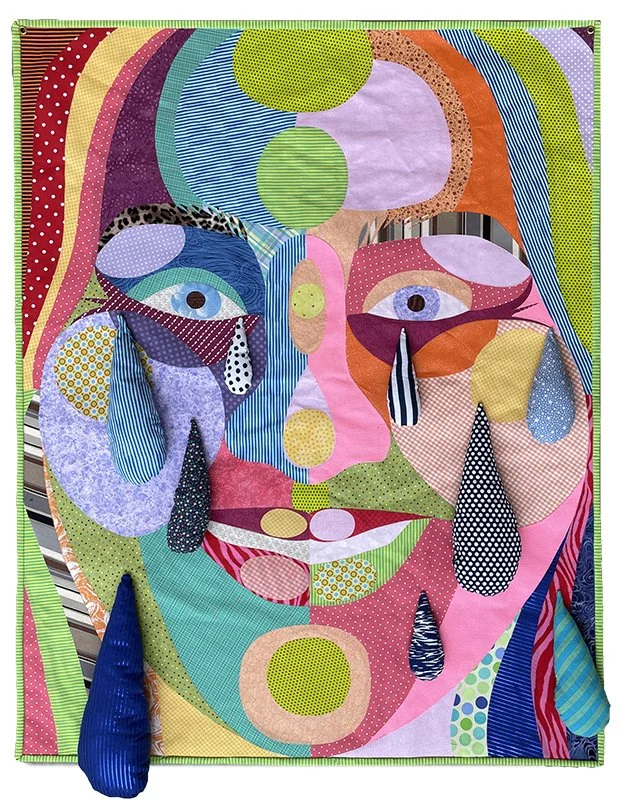 YEARS OF TEARS, Collaged Textiles and Soft Sculpture, 48"h x 40"w x 2"d"