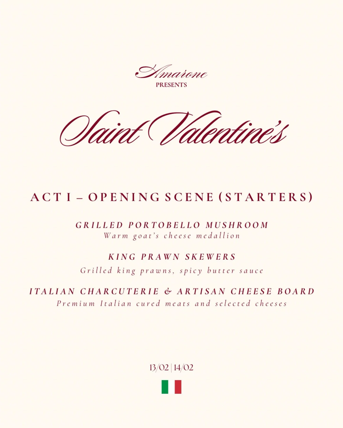 Valentine&rsquo;s at Amarone begins with the starters. ❤️

From classic favourites to dishes made for sharing, our Valentine&rsquo;s starter menu is designed to set the tone for the evening.
Featuring our Grilled Portobello Mushroom, cooked simply an