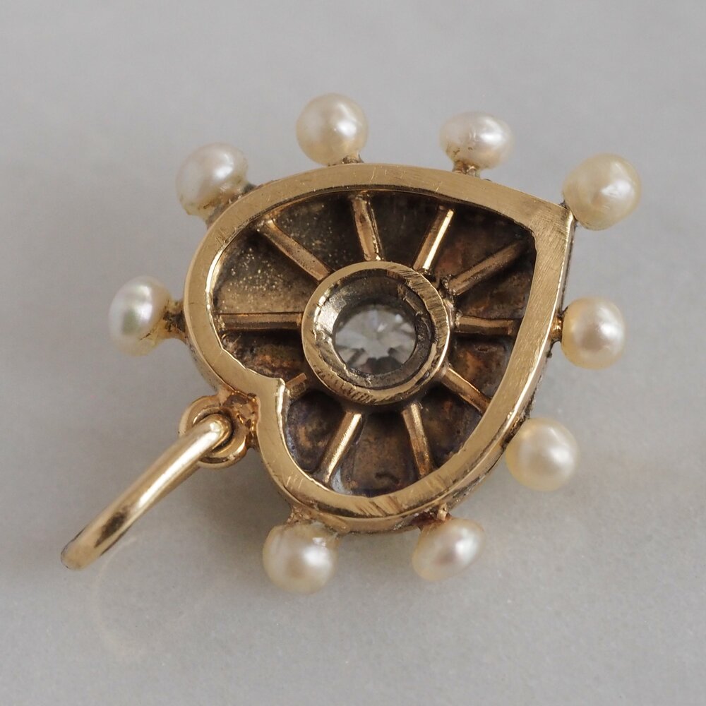 Antique Victorian 14k Gold Guilloché Old Mine Cut and Pearl Heart 