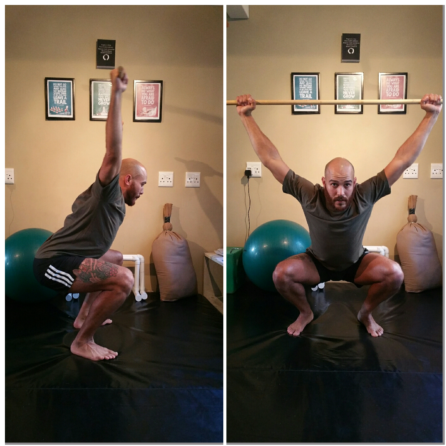 Note my depth isn't the same on the overhead squat vs the goblet squat because it is limited by my thoracic mobility... shows me my weakness, now i can work on it.