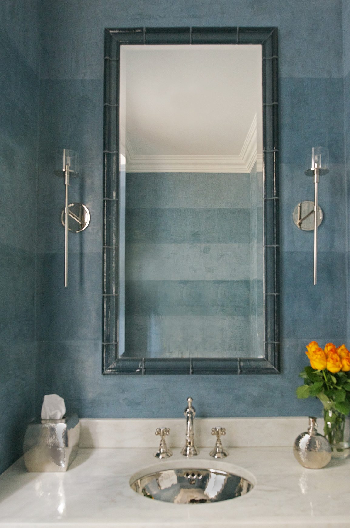 Jacqueline Cutler Interior Design - Empty Nester's Residence Westchester Blue Powder Room