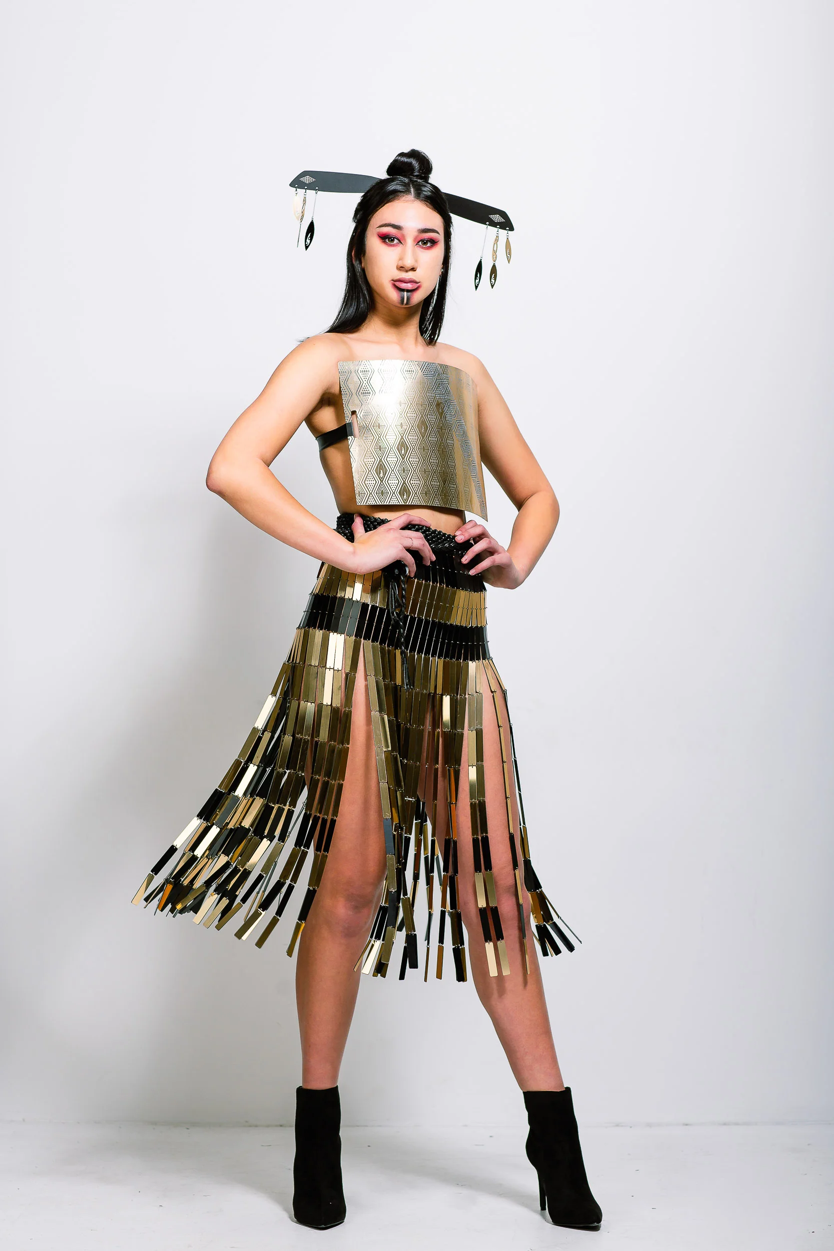 Mahina wearing Nichola Te Kiri, Mahuika Collection 2019. 