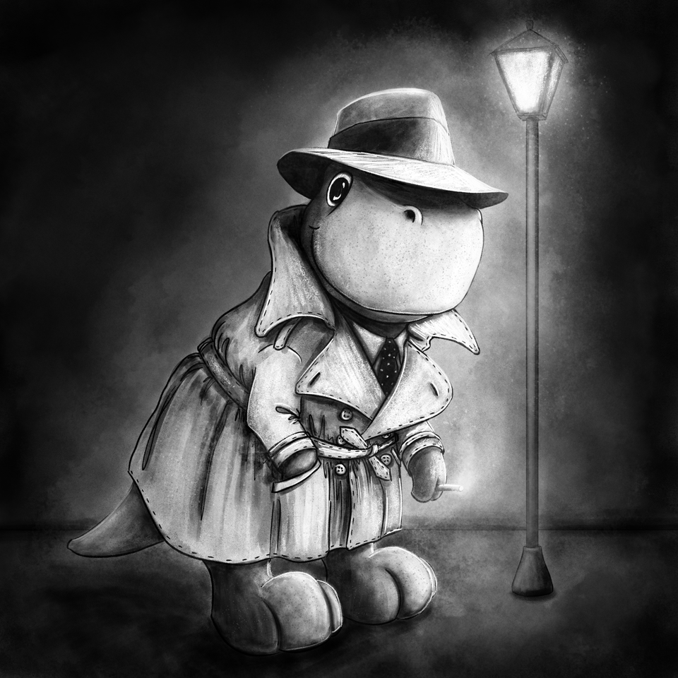 A cartoon T-REX dressed as a detective, wearing a trench coat and fedora, standing next to a streetlamp in a black and white illustration.