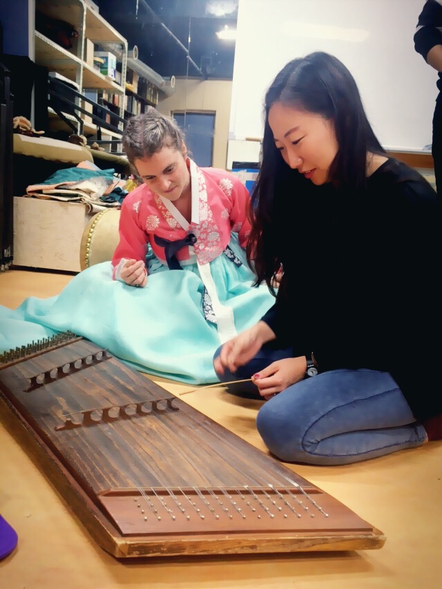 Francine (in traditional Han-bok(한복)) with Haeweon, learning the yang-gum(양금)!
