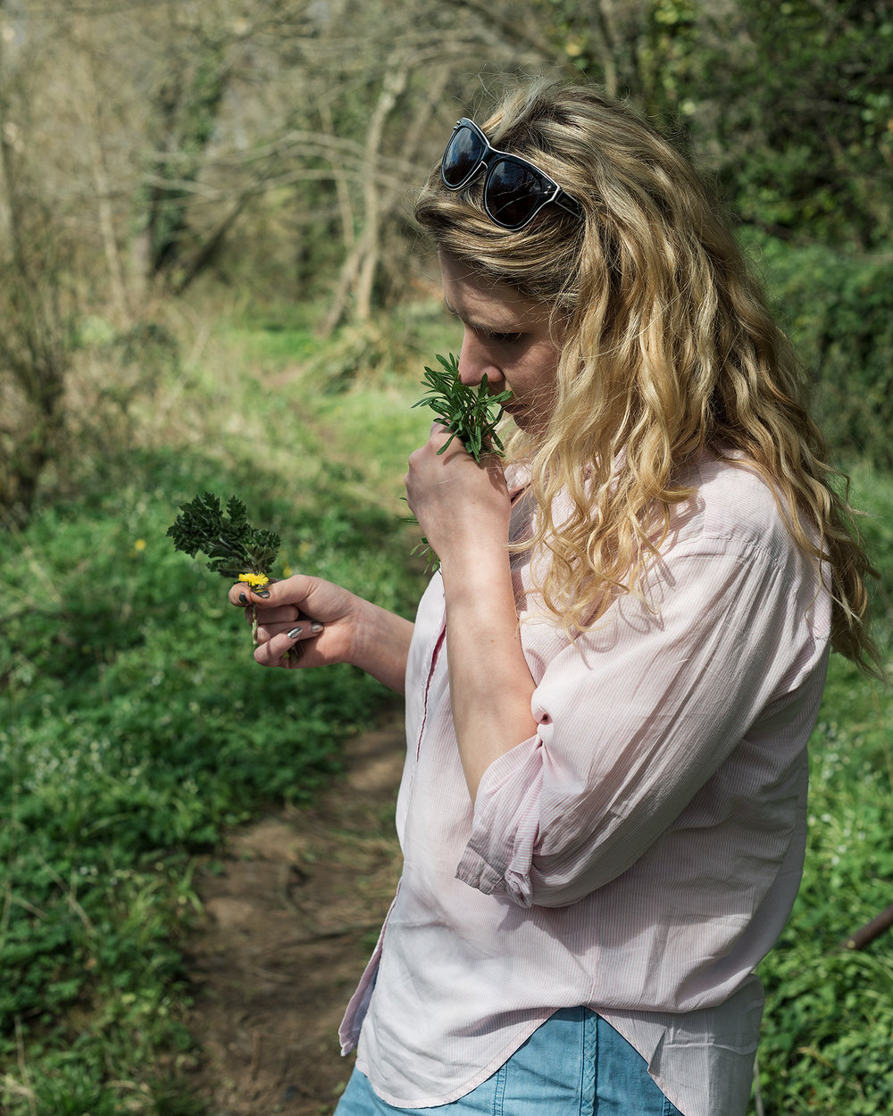 Pip smelling foraged herbs