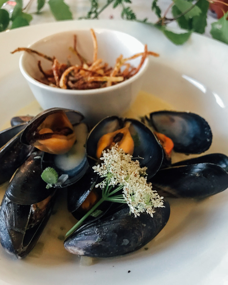 Mussels and sweet cicely with shoestring fries