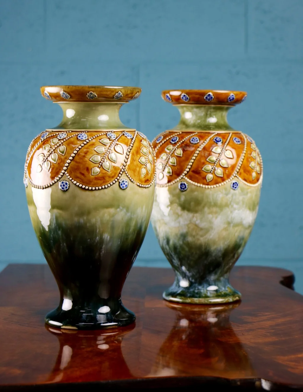 Pair of Lambeth Doulton vases by L.Waters c1900