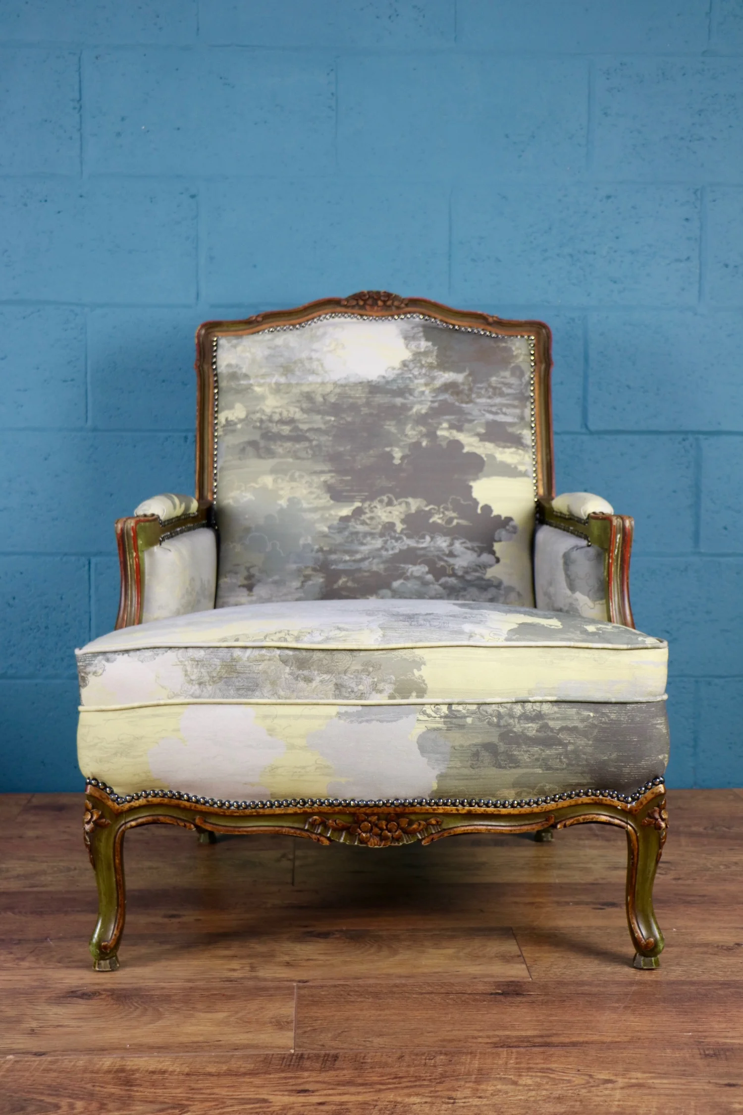 Pair of painted armchairs, French, Danish, Timorous Beasties fabric