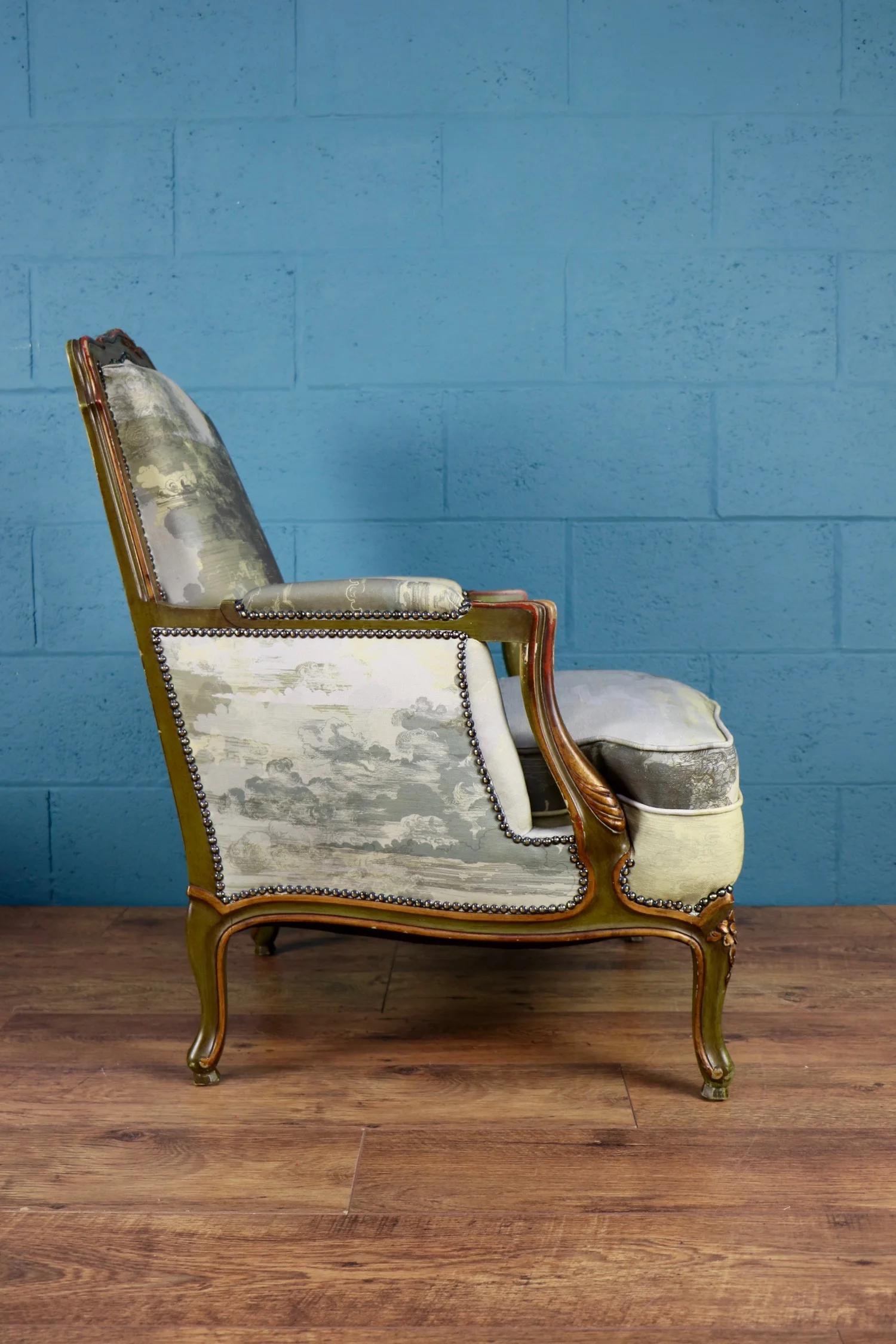 Pair of painted armchairs, French, Danish, Timorous Beasties fabric