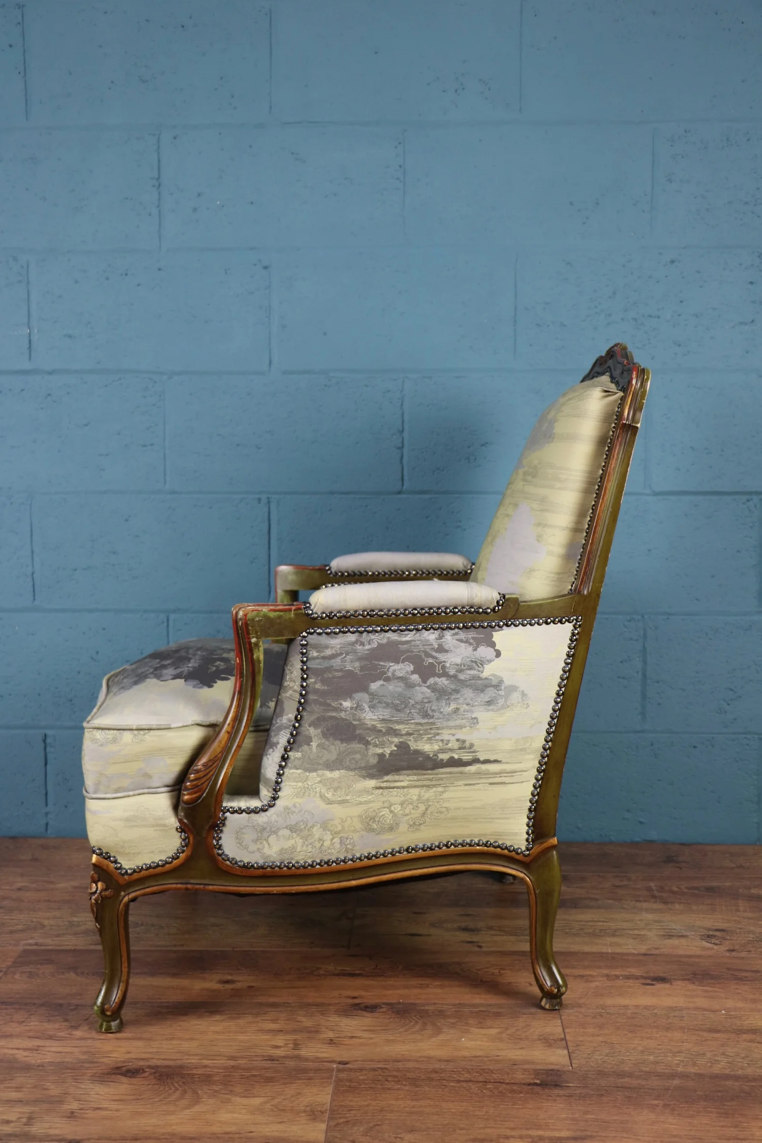 Pair of painted armchairs, French, Danish, Timorous Beasties fabric