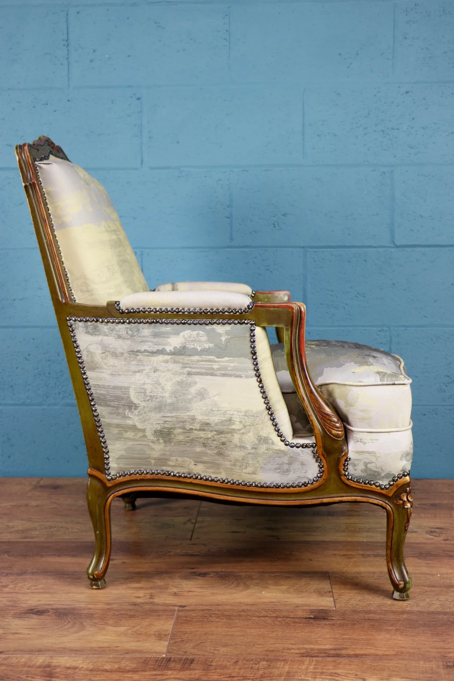 Pair of painted armchairs, French, Danish, Timorous Beasties fabric