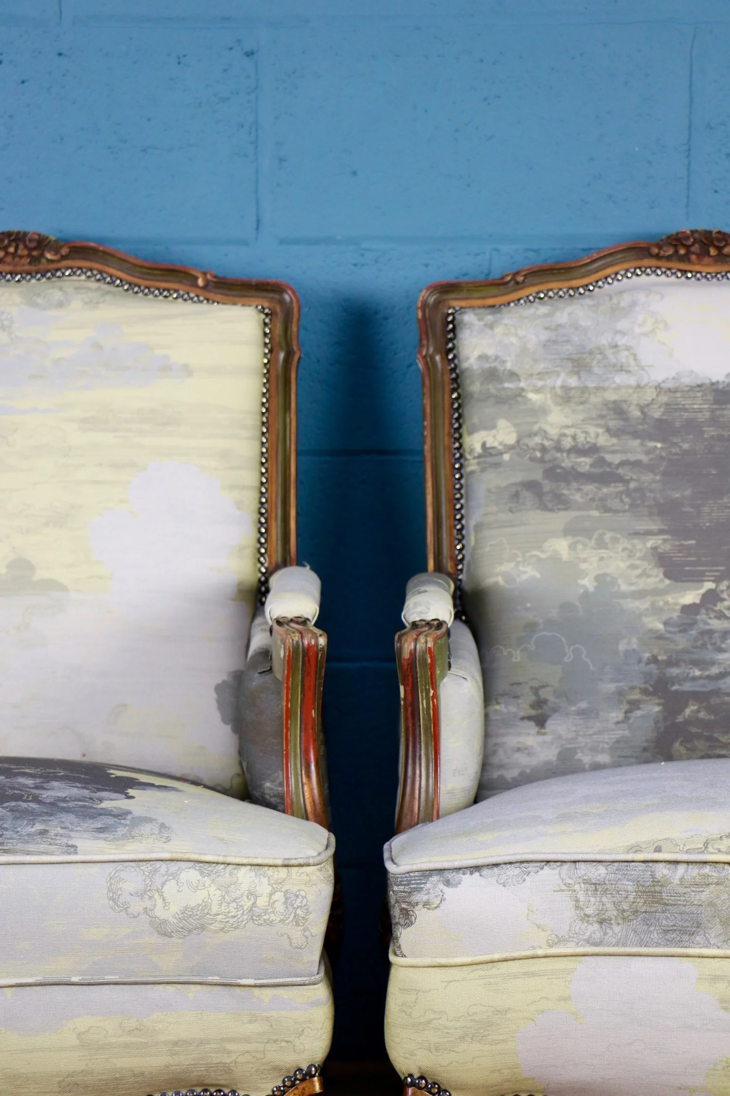 Pair of painted armchairs, French, Danish, Timorous Beasties fabric