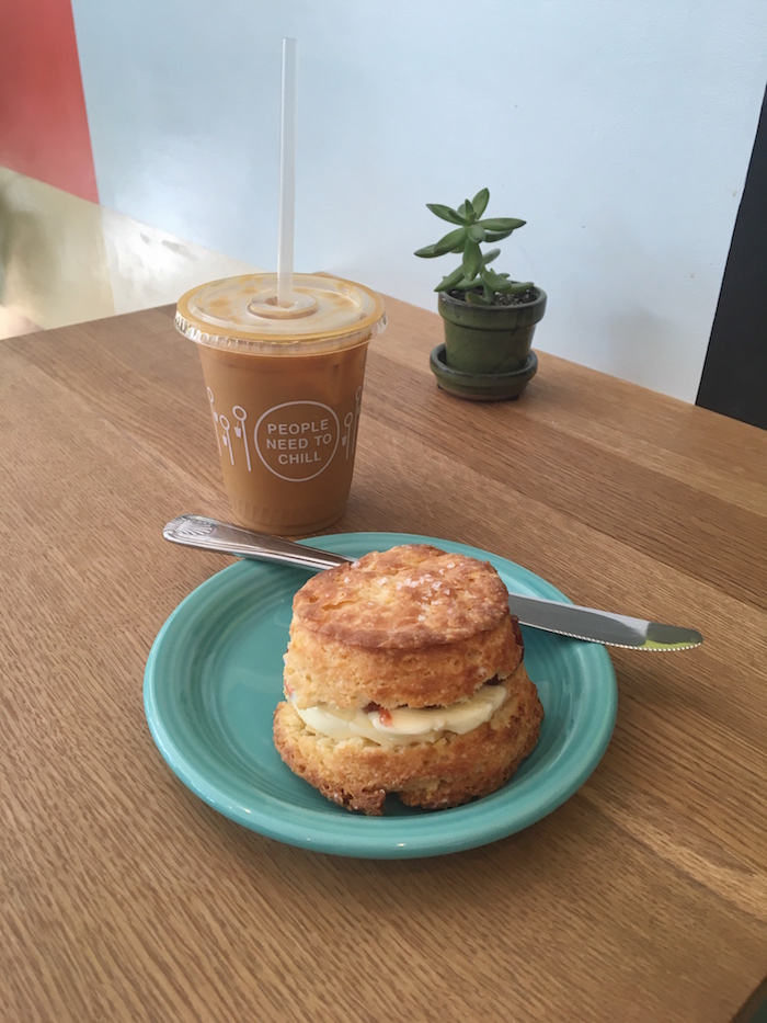 The loaded biscuit and iced coffee at Tandem Coffee & Bakery