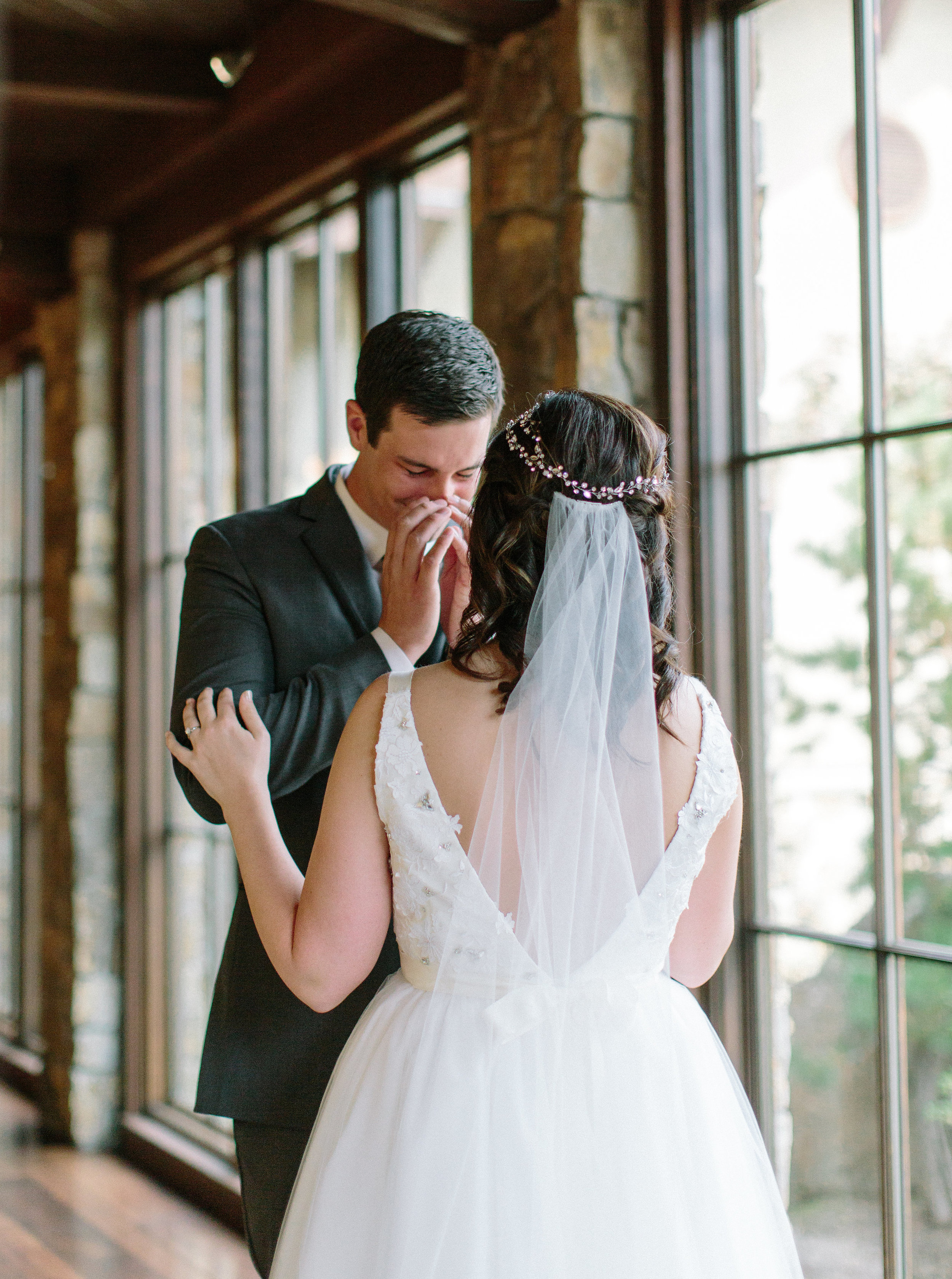 Bride and groom first look at Pronghorn Resort wedding