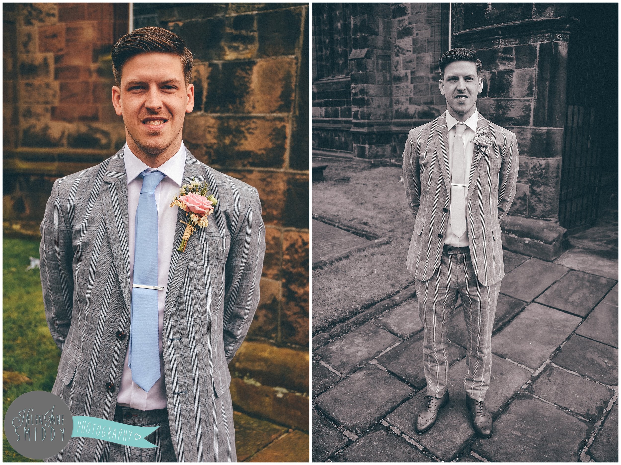 Groom stood outside St Lawrence's church, Frodsham, on the morning of his wedding.