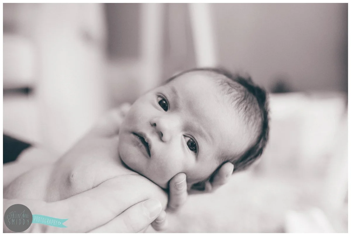 Close-up of newborn baby girl in black and white.