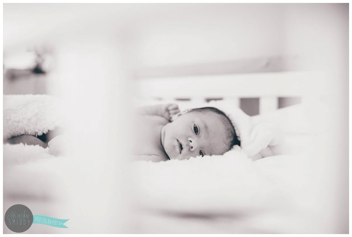 Newborn baby girl looks through the cot railings.