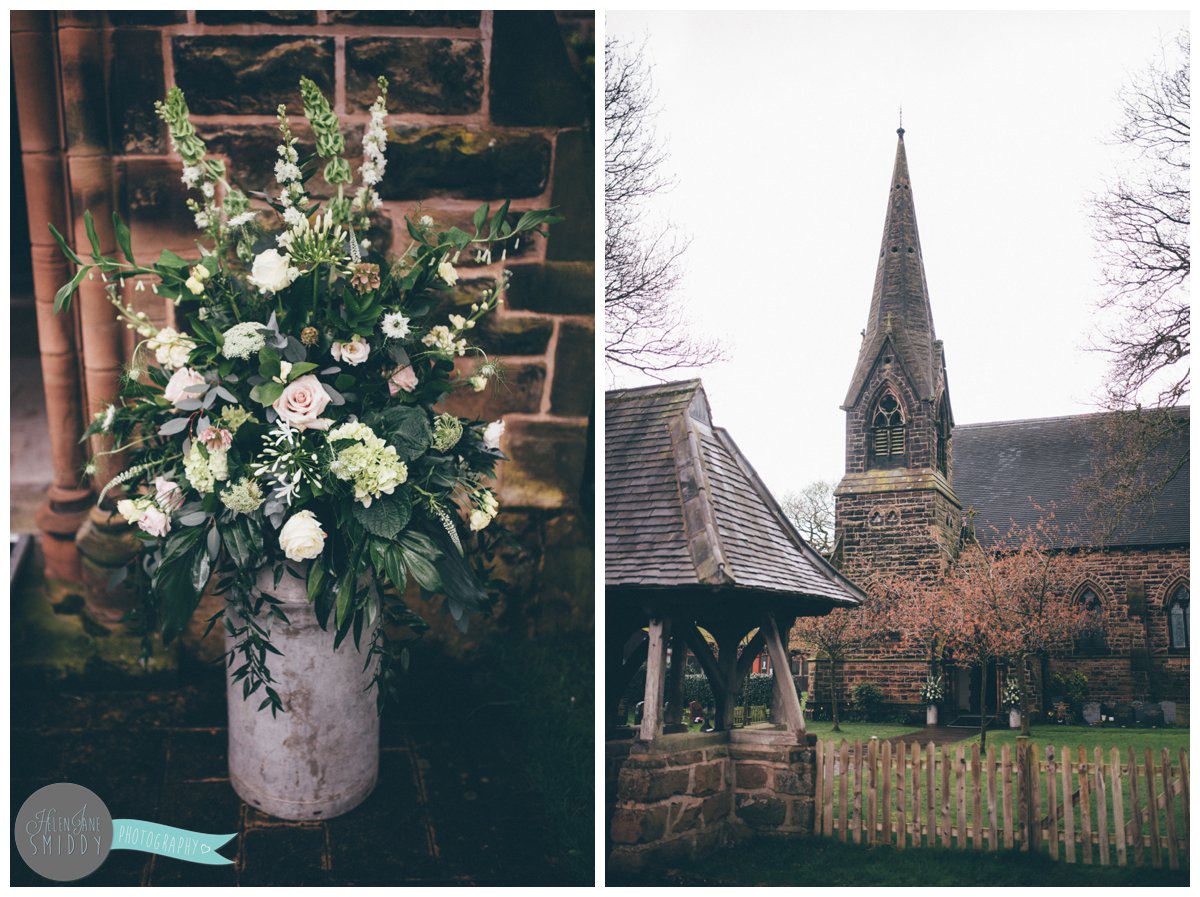 Outside the beautiful church in Knutsford there is a milk pot full of stunning pastel flowers.